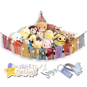 Stuffed Animal Toy Storage Organizer With Led – Net For Stuffed Animal Hammock Corner Large – Toy Hammock For Stuffed Animals Large – Rainbow Macrame Stuffed Animal Hammock – 41”x41”x51”