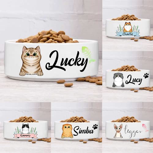 Personalized Cat Bowl with Name & Breed Designs, Custom Ceramic and Kittens Bowls Icons, Customized Cute Dish for Dry Wet Food Water, Cat's Gift Available Small Larger Sizes, White