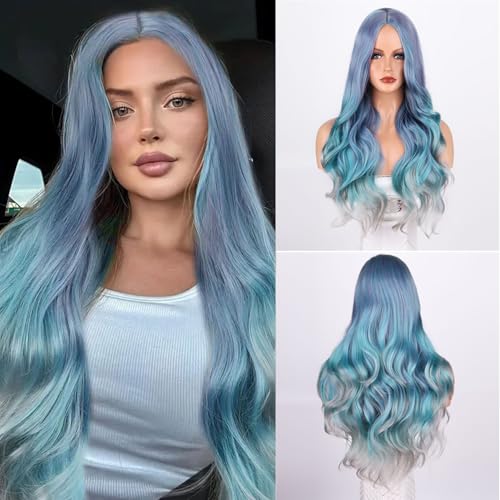 Fulang Hair Lange Gewellte Blau Gemischt Violett Perücke für Frauen Lange Lockige Hitzebeständige Faser Synthetische Perücke Ombre Perücken peruka damen natürlich haare für den täglichen
