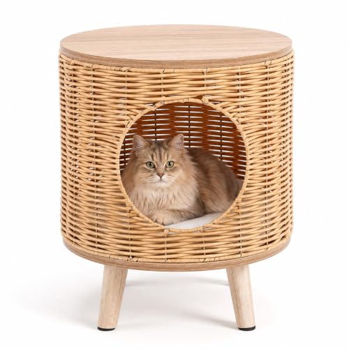 COSTWAY Maison pour Chat en Rotin, Plateau de Table en MDF, 36x36x41 cm