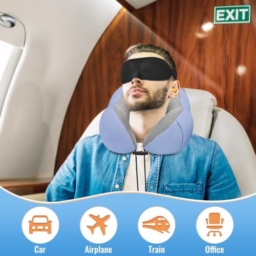 Image of CloudBliss Travel Pillows for Airplane, 2 Pack Memory Foam Neck Pillow for Travel, Airplane Pillow for Long Flight, Car & Office Use, Plane Accessories with Eye Mask, Earplugs, Carry Bag, Black & Blue