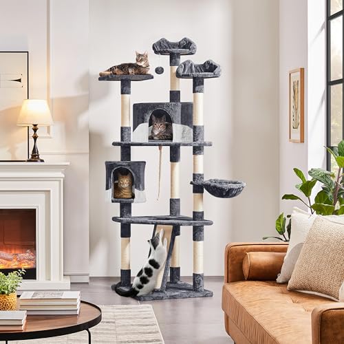 Yaheetech 79in Multi-Level Cat Trees Indoor Cat Tower with Sisal-Covered Scratching Posts, Plush Perches and Condo for Kittens, Cats and Pets - Dark Gray and White - Image 3