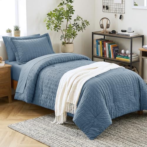 Image of CozyLux Twin XL Comforter Set Grayish Blue, 5 Pieces Seersucker Twin Extra Long Bed in a Bag, College Dorm Soft Down Alternative Bedding Sets with Comforter, Sheets, Pillowcase & Sham, Back to School