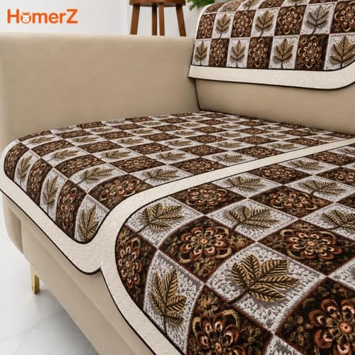 Image of Homerz Premium 'Maharaja Paradise Series' Sofa Cover | Net Fabric Sofa Cover | Washable, Anti-Dust Backed & Wrinkle Resistant Cover (Leafy Checks, 7 (3+2+2) Seater, Seat Cover with Backrest)