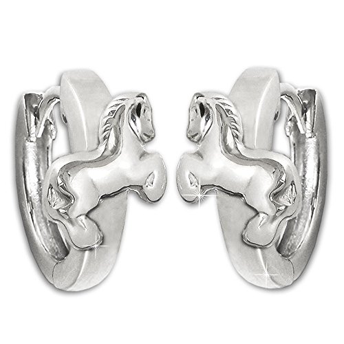 CLEVER SCHMUCK Silberne Kinder Creole Ø 12 mm Pferd springend auf Klappcreole glänzend STERLING SILBER 925 für Mädchen im Etui weiß Cover