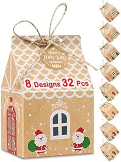 32Pcs 8 Designs Christmas Party Gift Boxes, Upgrade Size Premium Kraft Paper Eve Box, Candy Xmas Gift Bagas with Hemp Ropes and Labelles for New Year Christmas Birthday Wedding Party Decorations