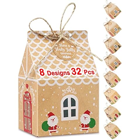 32Pcs 8 Designs Christmas Party Gift Boxes, Upgrade Size Premium Kraft Paper Eve Box, Candy Xmas Gift Bagas with Hemp Ropes and Labelles for New Year Christmas Birthday Wedding Party Decorations Cover