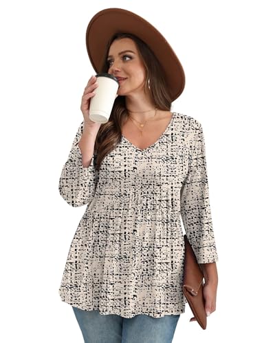 Image of OFEEFAN 3 /4 Length Sleeve Womens Tops 2026 Blouses for Women Dressy Casual Fashion Clothing V Neck Babydoll Tops Fall Outfits