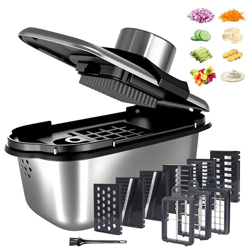Vegetable Chopper Mandoline Vegetable Slicer Stainless Steel Chip Cutter Salad Chopper Apple Slicer Onion Chopper Potato Chipper Veg Dicer Fruit Cutter Food Chopper for Kitchen with Container (9-in-1)