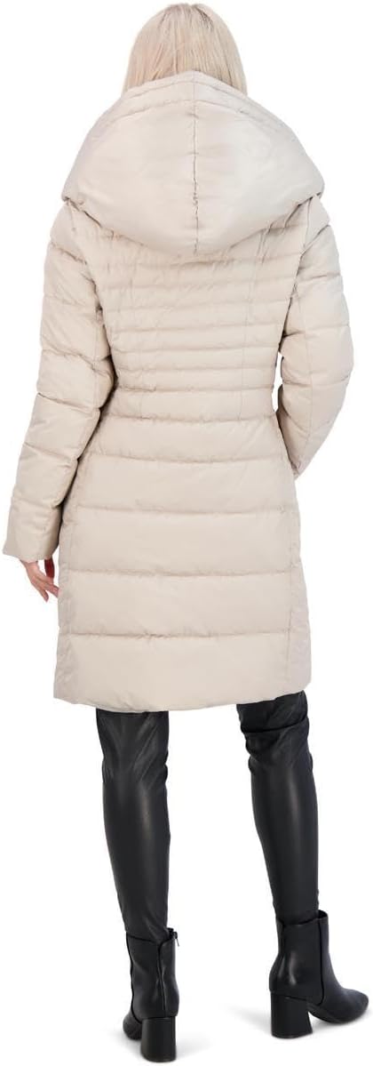 TAHARI Women's Slim Fit Puffer Coat With Attached Hood, Faux Fur Collar, Interior Bib & Hand Warmer Pockets - Image 3