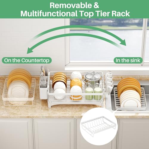 SAYZH Dish Drainer Rack, Detachable 2 Tier Dish Rack and Drainboard Set, Large Capacity Dish Drainer Organizer Shelf with Utensil Holder, Cup Rack for Kitchen Counter, White - Image 6