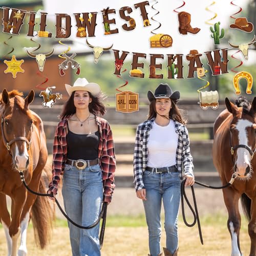 Image of Hooqict Happy Birthday Banner Western Party Decorations Cowboy Banner with Hanging Swirls Ceiling Streamers for Boys Men Western Themed Birthday Decorations Wild West Country Party Supplies