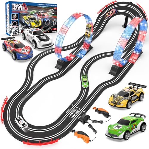 Image of Slot Car Race Track Sets with 4 Slot Cars, 2 in 1 Electric Race Car Track Include Slope Circular Overpass Track, Dual Racing Game Featuring Flash Tracks, Gifts Toys for Boys Kids Age 6 7 8-12
