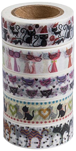Classic Washi Tape Set (Japanese Masking Tape) by MIKOKA, 0.6 Inches Wide, 32.8 Feet Long, 5 Rolls - Cats