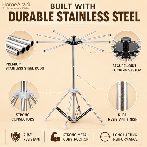 Image of Foldable Umbrella Style 4-Leg Clothes Drying Stand | 10 Rod Stainless Steel Laundry Dryer Rack | Space Saving Portable Heavy Duty Rust Resistant Cloth Drying Stand for Indoor & Outdoor Use