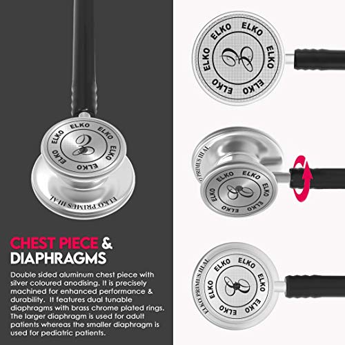 Image of ELKO EL-160 Primus III AL Aluminum Head Stethoscope For Doctors and Medical Students | Double Sided Chest Piece For Adult & Pediatric Patients | U-Shaped PVC Tubing | Soft Sealing Ear Knobs (Black)