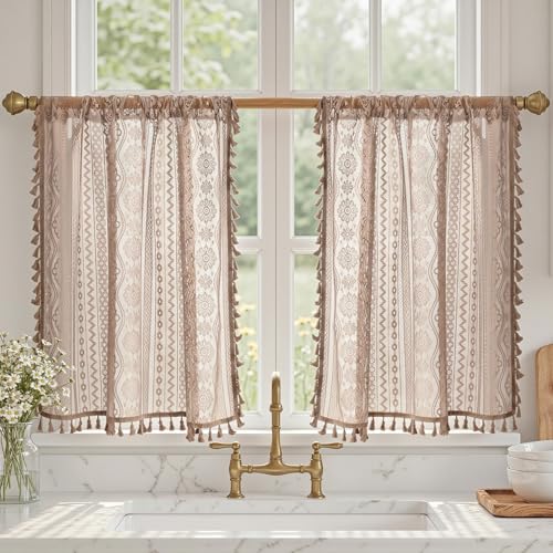 Image of MYSKY HOME Lace Tier Curtains 30 Inch Length 2 Panels Kitchen Cafe Sheer Short Boho Half Country Rod Pocket Curtains for Small Windows Basement Bathroom, 34 inch Wide Each Panel, Brown
