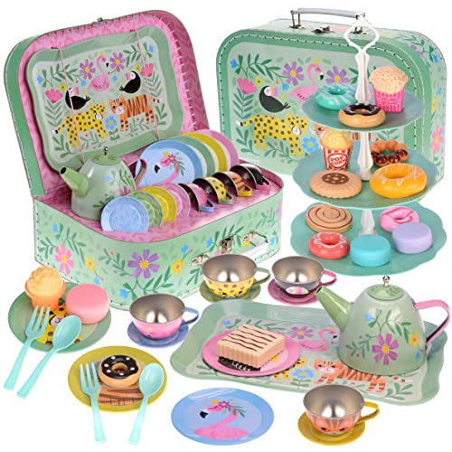 Jewelkeeper - Service à thé 42 pièces pour garçon et fille - En étain - Pour enfants + nourriture et mallette de transport Pretend Play - Design safari Cover