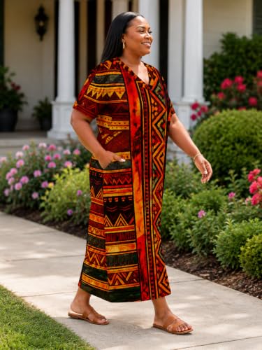 Image of Plus Size Maxi Dress for Women Short Sleeve V Neck Casual Loose Sundress with Pockets