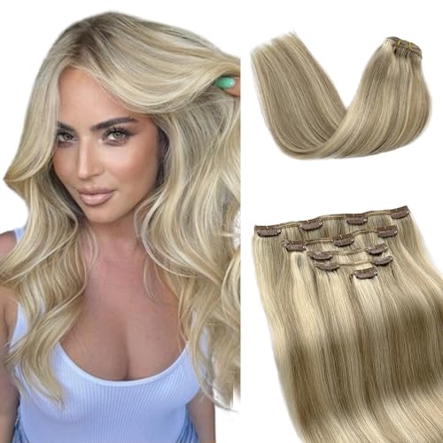 Blonde Clip in Hair Extensions 70G 5PCS Double Weft Platinum HighlightHair Extensions Real Human Hair Beige Blonde and Platinum Balayage Human Hair Extensions Clips ins 20 Inch