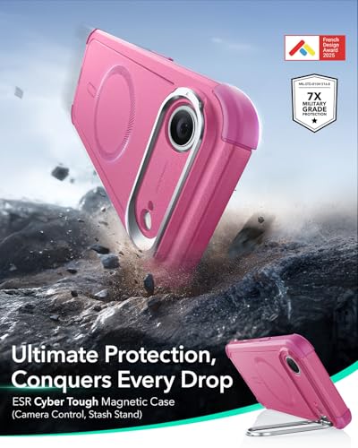 Image of ESR for iPhone Air Case with Stand, 23ft Military-Grade Drop Protection, Camera Control, Shock-Absorbing iPhone 17 Air Rugged case, Compatible with MagSafe Accessories, Cyber Series, Pink