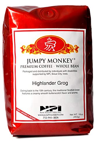 Jumpy Monkey® Coffee Highlander Grog Butterscotch Blend - Medium Roast, Flavored Coffee, 100% Arabica, Whole Bean, For Cold Brew, French Press, 16 Ounce Bag