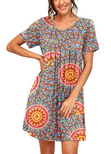 Image of PrinStory Nightgowns for Women Short Sleeve Night Gowns Pleated Sleep Shirt Ladies Nightshirt Soft Sleepwear