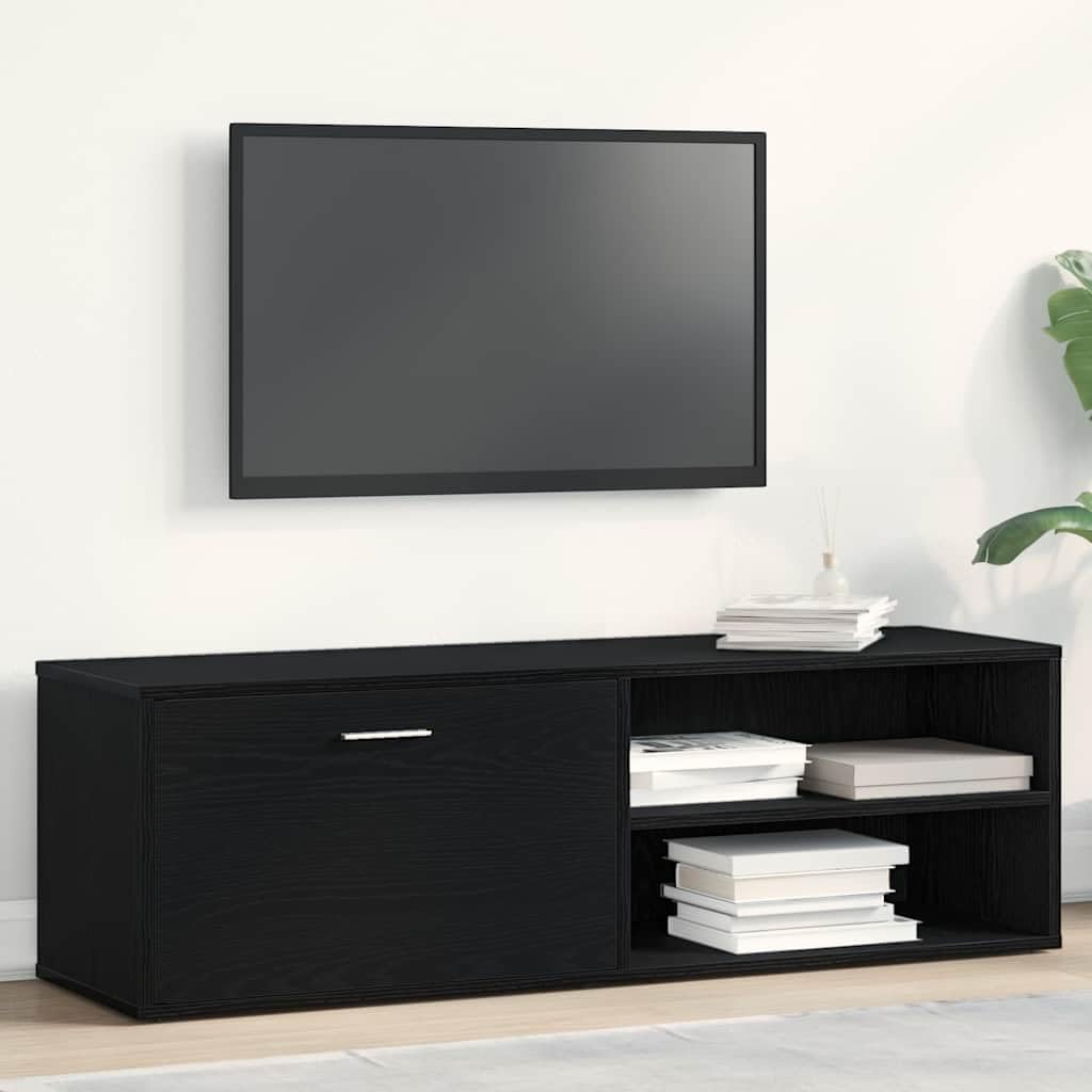 Szafka TV z czarnego dębu z materiału drewnopochodnego 120 x 34 x 37 cm, szafka pod telewizor z 1 drzwiami i 2 otwartymi półkami, miejsce do przechowywania do salonu, sypialni, do gier i
