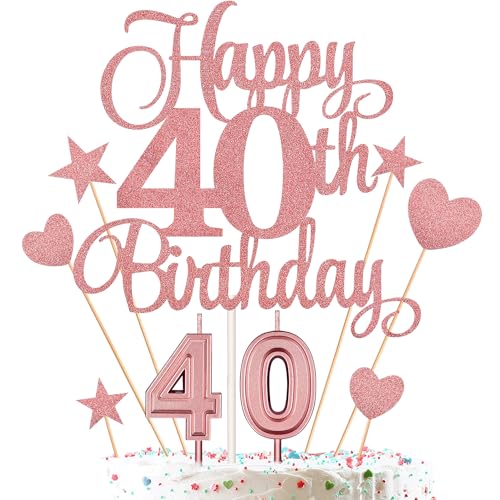 40th Birthday Cake Decorations Set Include 40th Birthday Candles Numeral 40 Cake Candles and Happy 40th Birthday Cake Toppers with Heart Star Cupcake Picks for Birthday Party (Rose Gold Series)