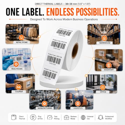 Image of Shreyans Direct Thermal Labels (Pack of 10, 38mm x 38mm - 250 Labels /Roll) - Non Tearable, Scratch Free, Water Proof & Non Fade Stickers with Permanent Marking - 2500 Labels