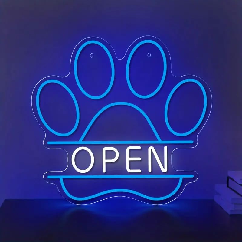 Image of LED Neon Sign Paw Print inchOPEN inch - Acrylic USB Powered Wall Hanging Light for Bedroom, Office, Club, Art Decor Paw Open Neon Light with Switch Control