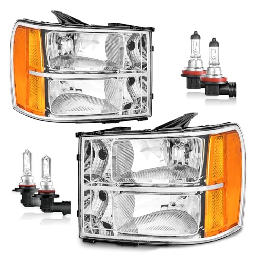 Headlights Assembly for 07-13 GMC Sierra 1500/07-14 Sierra 2500 HD 3500 HD Headlamp Replacement Chrome Housing Driver & Passenger Side