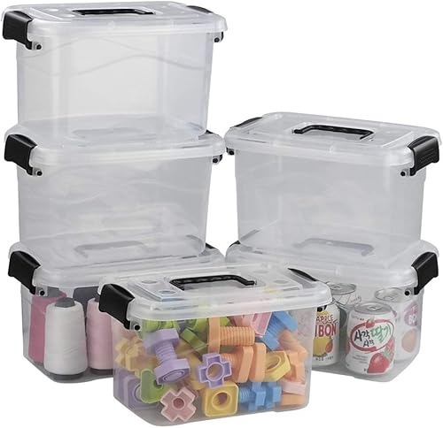 Ramddy Contenedores de plástico transparente de 5 cuartos de galón con tapa, caja de cierre versátil con asas negras, 6 paquetes
