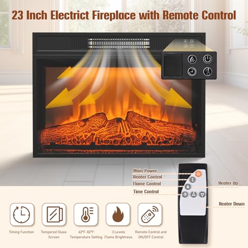 Livofloral Curved Fireplace TV Stand with LED Light for TVs Up to 65\", Entertainment Center with 23\" Electric Fireplace, TV Stand with Glass Door Storage Cabinets & Open Shelves for Living Room, Gray