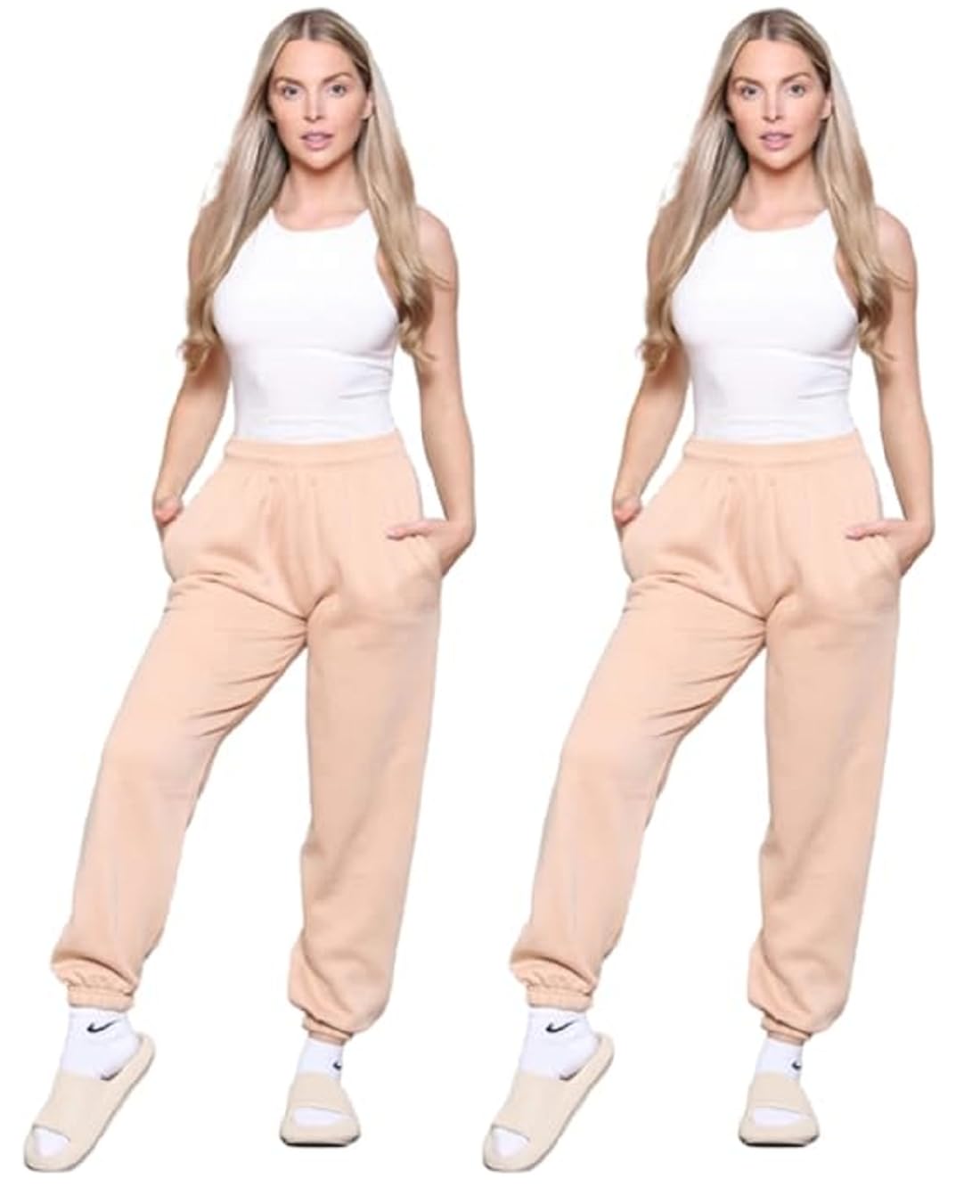 Towelbay 2 Pcs Womens Ladies Jogging Bottoms Loose Joggers Sweatpants Trousers Pockets Casual Jog Pants Sports Gym Yoga Joggers UK Sizes 6-14 (Nude, L (12))