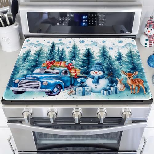 Image of Snowman Stove Top Cover for Electric Stove, Christmas Range Covers, Blue Truck Range Top Mats, Glass Cooktop Covers 28x20 inch, Winter Forest Cooktop Cover for Kitchen Winter Holiday Home Decor