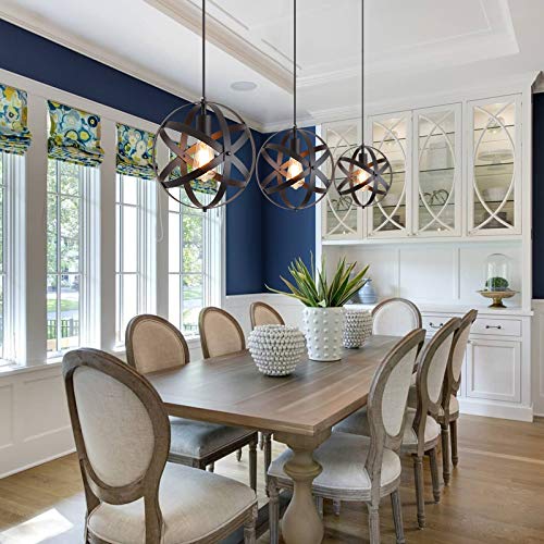 Q&S Farmhouse Black Globe Cage Industrial Rustic Metal Pendant Hanging Light Fixtures For Kitchen Island Dining Room Table Foyer Entryway Hallway E26 1 Light #TOP4