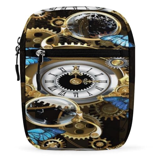 IQOPPEDR Steampunk Clock Butterflies Small Crossbody Bag Vintage Gold Gears Sling Bag Shoulder Handbag For Women Men Mini Messenger Bags With Adjustable Straps