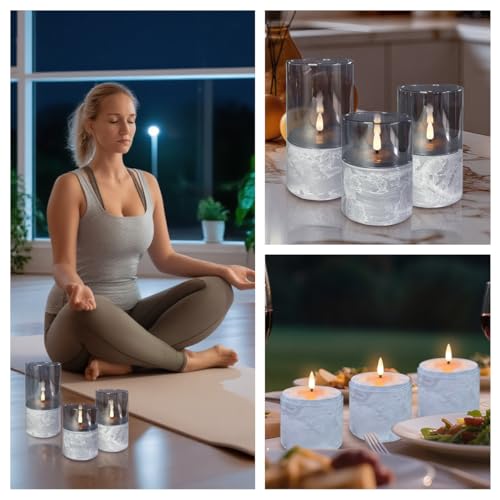 Image of LEDHOLYT Rechargeable Marble Flameless CandlesGray Glass Marble Finish Pillar Candle with Remote &Timer, Decorative Candles for Living Room, Holiday Decor& Gifts for Women.Set of 3