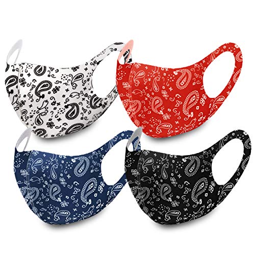 Unisex Paisley Bandana Face Protective Covering Gear Super Thin Light Washable Reusable Breathable (SET OF 4 WH-RD-BL-BK)