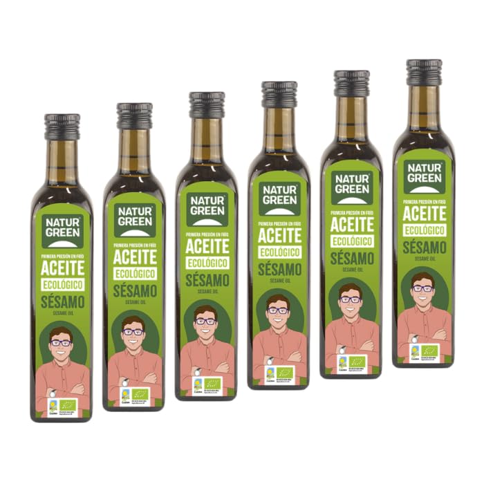 NaturGreen - Aceite de Sésamo, 100% Aceite de Semillas de Sésamo, Prensado en Frío, Procedente de la Agricultura Ecológica, Alto Contenido en Grasas Poliinsaturadas, Vegano - Pack 6 Unidades de 500ml