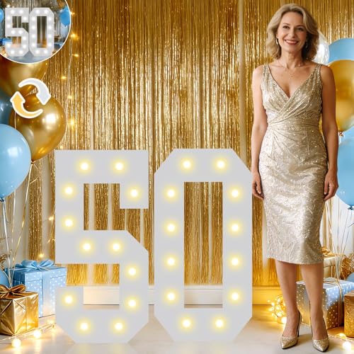 Pooqla 2.4FT Light Up Numbers for 50th Birthday Decorations for Her Him Marquee Numbers Party Decor for Gifts Mosaic Big Sign for 5th 50th Birthday Backdrop Cool White and Warm White Number 50