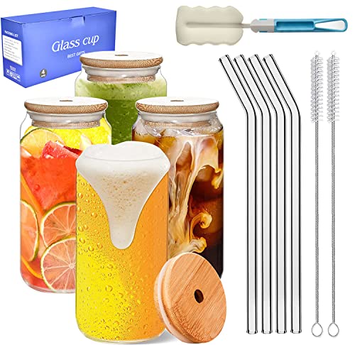 image for GAMINICS Glass Cups with Lids and Straws 16oz,Drinking Glasses Beer Ca