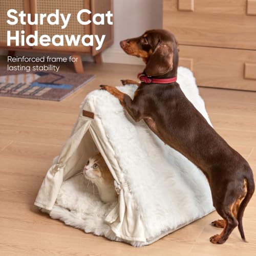 FUKUMARU Cat Cave Bed, Sturdy Frame Washable Cat Tent Bed with Curtain | Semi-Enclosed Cat Hideaway for Anxious Cats, Large Cozy Cat House for Indoor Cats, Soft Plush Covered Dog Bed, Cream - Image 4