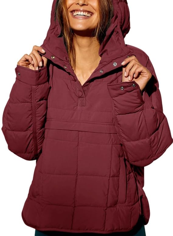 Women's Quilted Pullover Puffer Jacket Lightweight Long Sleeve Padded Hooded Oversize Warm Winter Coat Tops