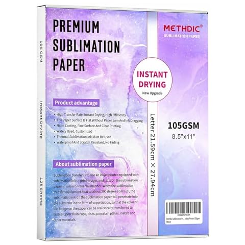 Methdic Sublimation Paper 8.5x11 Inch Instant Dry 125 Sheets Sublimation Blanks Transfer Paper For Inkjet Printer ，105gsm Cover