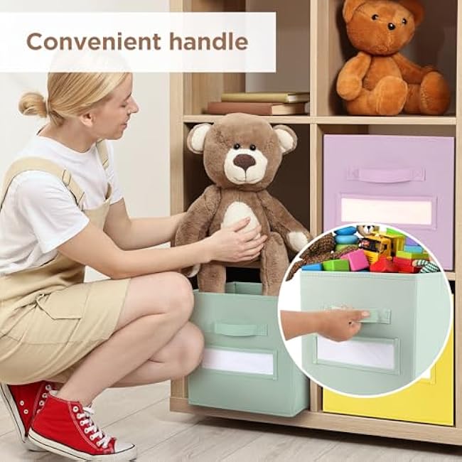 clothmile 6Pcs Fabric Storage Cubes 11 Inch Multi-color Fabric Storage Bin with Card Labels Collapsible Cube Organizer with Window Cards for School Classroom Nursery Playroom Closet Home Organizer