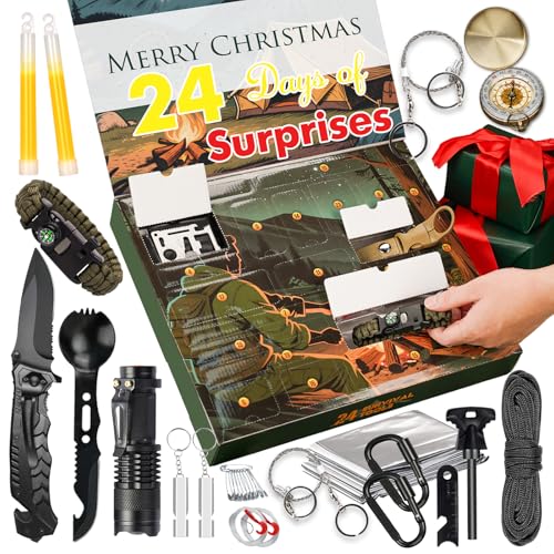 Survival Kit Adventskalender 2025 für Männer-24 Tage Weihnachts Countdown Outdoor Werkzeug–Survival Ausrüstung für Camping, Angeln-Coole Weihnachtsgeschenke Gadgets für Herren Erwachsene Teenager