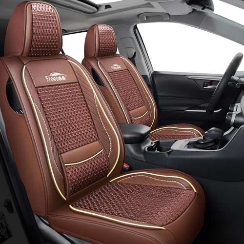 FREESOO Car Seat Covers Front 2pcs, Leather Seat Cover Breathable Summer Driver Protector Airbag Compatible Universal Fit Sedan SUV Pick-up Truck Van (Coffee 9-2PCS)