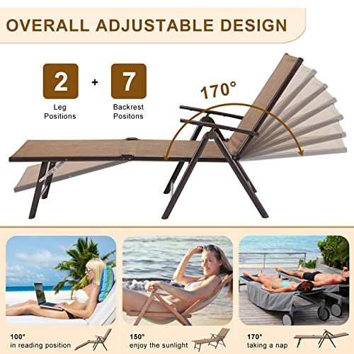 Esright Outdoor Chaise Lounge Chair,Folding Textiline Reclining Lounge Chair For Beach Yard Pool Patio With 7 Back & 2 Leg Adjustable Positions,Brown #TOP4